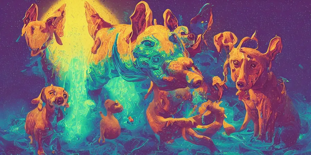 Prompt: the painting of pregnant three-headed dog and priest, bright color, dripping salvia, horror, 3D, high details, by vincent di fate, artgerm julie bell beeple, 90s, octane render, 8K, volumetric lighting, high contract, duo tone, depth of field, very coherent symmetrical artwork