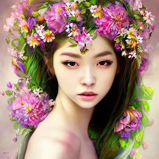 Prompt: a gorgeous flower princess portrait by WLOP, artgerm , digital painting, studio photography, mystical, detailed flowers, 🌺 , vibrant colours, cgsociety