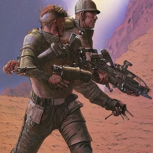 Image similar to futuristic doppelsoldner in combat by James Gurney and moebius.