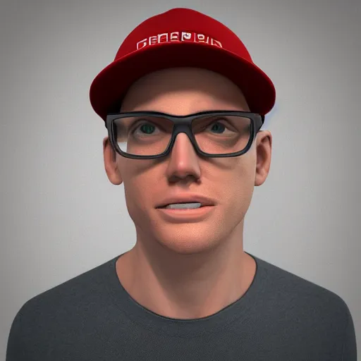 Prompt: 3D self portrait of American male in trucker hat and glasses, no facial hair, red hair, slight stubble