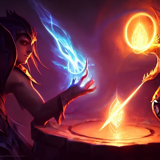 Image similar to amazing portrait of a light summoner with a magic wand summoning a dragon, league of legends splash art, deiv calviz, splash art, natural light, elegant, intricate, fantasy, atmospheric lighting, by greg rutkowski, league of legends splash art, hd wallpaper, ultra high details