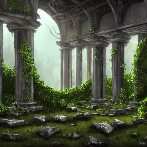 Prompt: a ruined temple, with fallen columns and overgrown with vines. painting, digital art, harsh lighting, 4 k hd wallpaper, trending on art station
