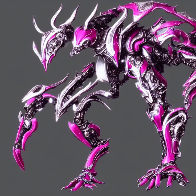 Image similar to highly detailed exquisite fanart, of a beautiful female warframe, but as an anthropomorphic elegant robot dragon, shiny white silver plated armor engraved, robot dragon head, Fuchsia skin beneath the armor, sharp claws, long tail, robot dragon hands and feet, two arms and legs, elegant pose, close-up shot, full body shot, epic cinematic shot, professional digital art, high end digital art, singular, realistic, DeviantArt, artstation, Furaffinity, 8k HD render, epic lighting, depth of field