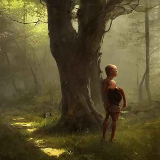 Image similar to 'portrait of the back a small male wood-elf caring for the animals in the woods, art by Greg Rutkowski, 4k'