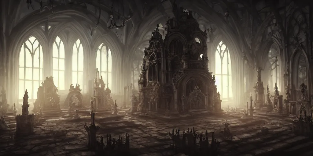 Image similar to full color, low ultrawide interior shot of sedlec ossuary, bones, smooth concept art in anime style mixed with fujifilm, dark, foggy, atmospheric, artstation, cgsociety, rendered, denoise, cinematic masterpiece