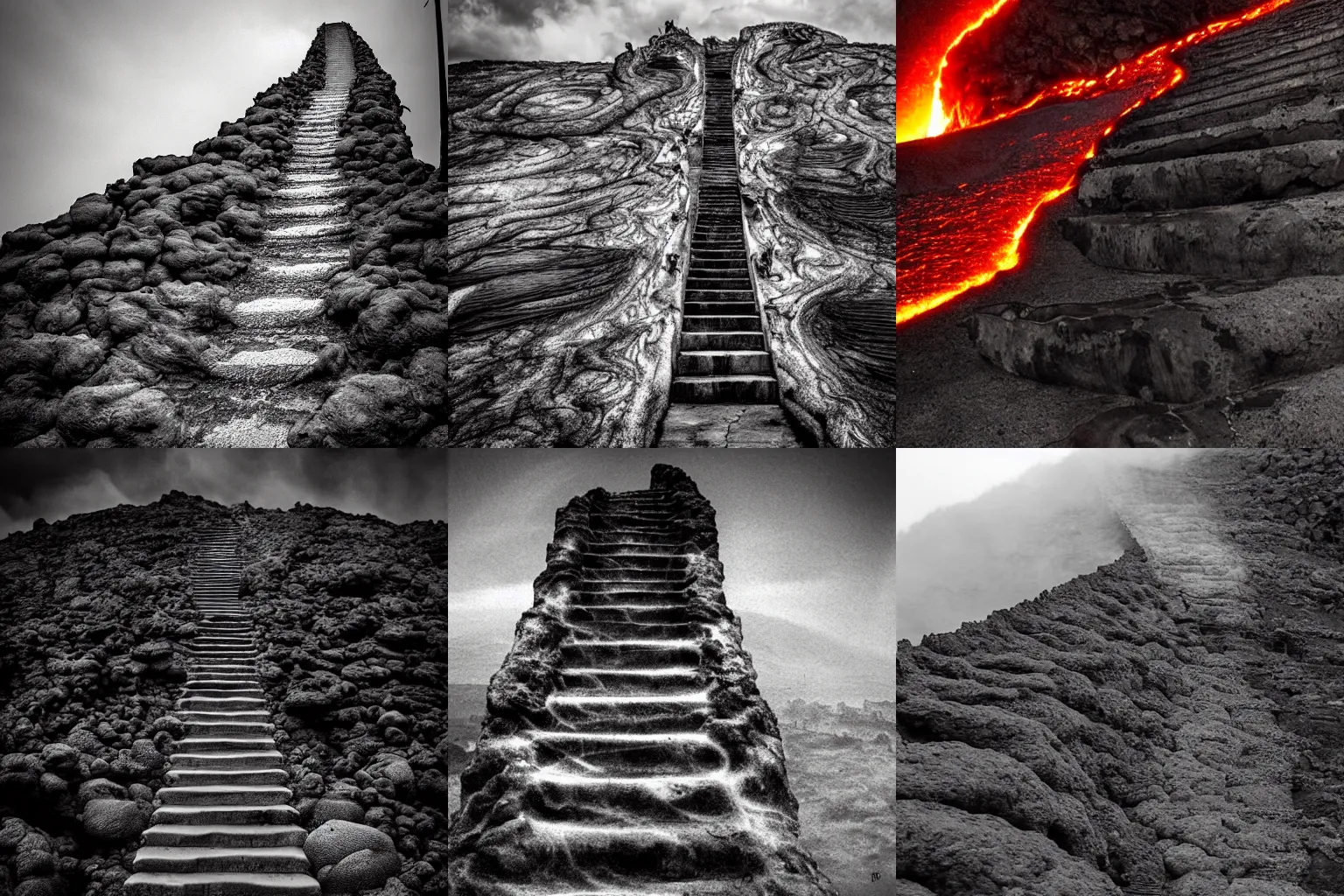 Prompt: stairway to demons, lava, dark, brooding, horror