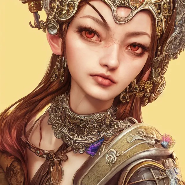 Image similar to studio portrait of neutral good colorful female cleric bard healer as absurdly beautiful, elegant, young skinny gravure idol, ultrafine hyperrealistic detailed face illustration by kim jung gi, irakli nadar, intricate linework, sharp focus, bright colors, matte, octopath traveler, final fantasy, unreal engine highly rendered, global illumination, radiant light, intricate environment