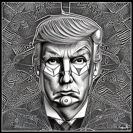 Prompt: Geometrically surreal Trump, extremely high detail, photorealistic, intricate line drawings, dotart, album art in the style of James Jean