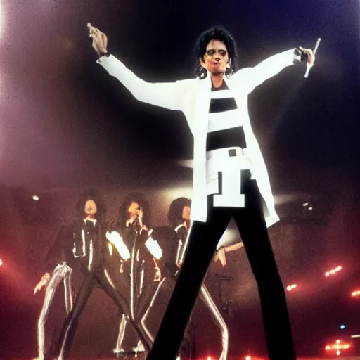 Prompt: thin!!! michael jackson with thin!!! face!!!!!, standing on stage live at the indoor o 2 arena wearing a sparkling white diamond outfit with large thin shoulder pads!!!!! doing a concert, multiple flashing lights and colorful spotlights, beautiful photography, cinematic, award - winning photo, highly detailed, this is it