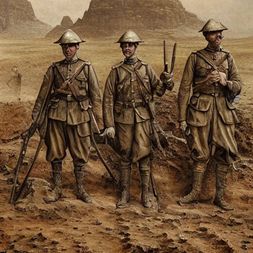 Image similar to ultra detailed photorealistic sepia - toned painting from 1 9 1 7, three british soldiers standing at an archaeological dig site in wadi rum, ultra realistic, painted, intricate details, lovecraft, atmospheric, dark, horror, brooding, highly detailed, by dave dorman