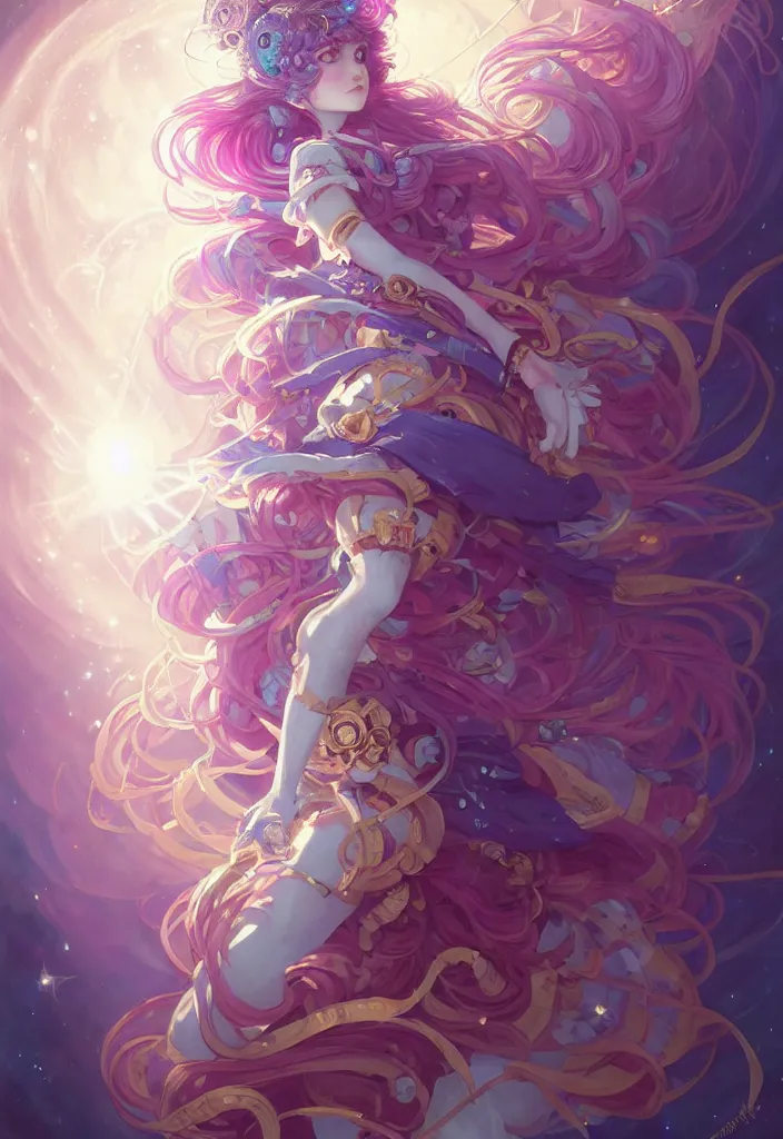 Image similar to full body picture of an maximalist dress magical girl, neat hair with bangs, smug face, extremely beautiful and aesthetic and detailed cute face and eyes, wipe out evils with cute astronaut familiar sprites, aming the magical beams to the camera, chiaroscuro, intricate, masterpiece, epic fantasy illustrations by peter mohrbacher and anato finnstark and jeremy lipking