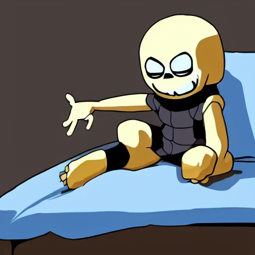 Prompt: Sans Undertale sitting on the edge of the bed, depressed