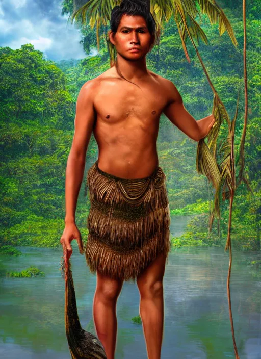 Image similar to a young indigenous amazon man standing on the bank of the amazon river, matte painting, ayahuasca, fantasy art