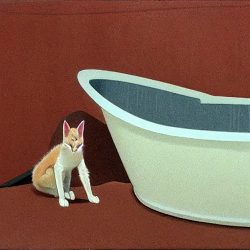 Image similar to cute caracal in bathtub, by Ralph McQuarrie