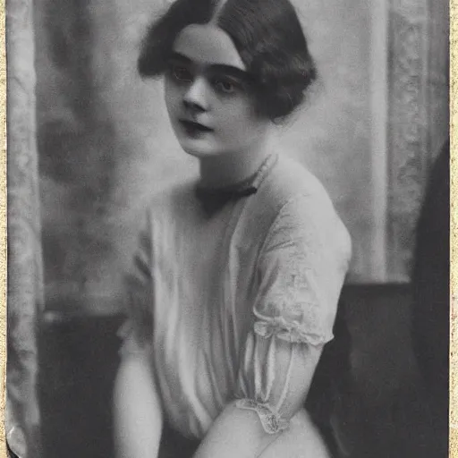 Image similar to Edwardian photograph of Elle Fanning, 1910s, 1900s, 1920s, grainy, detailed