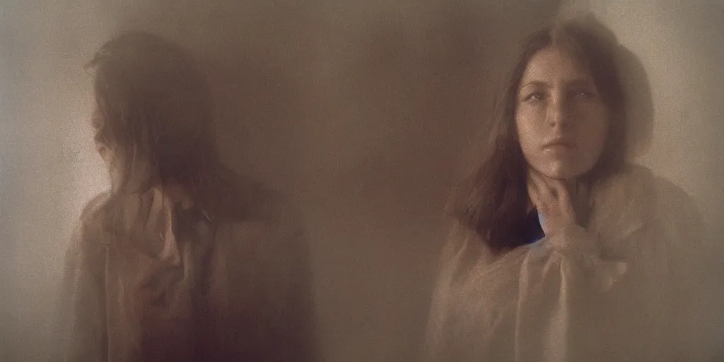 Prompt: portrait bust of woman, solemn expression, color film, russian cinema, tarkovsky, kodachrome, old cabin, window light, long brown hair, cloth, heavy fog, hudson river school, 4 k, dramatic lighting