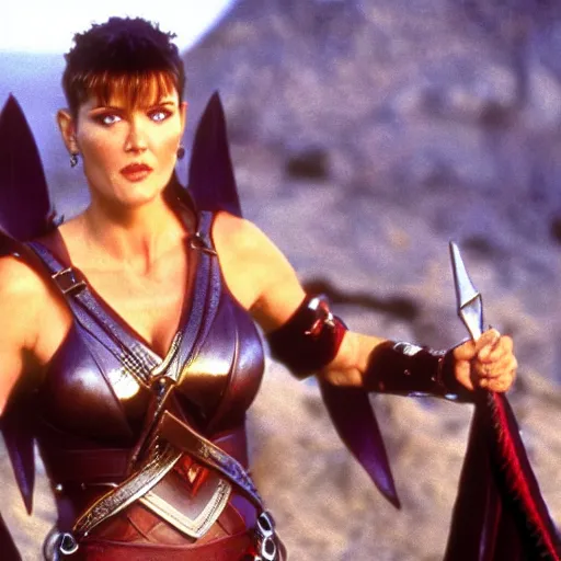 Prompt: tricia helfer as xena warrior princess, movie still, 4k