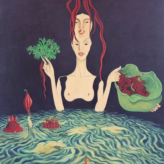 Image similar to tall female catgirl artist holding vegetables in her flooded kitchen, pomegranates, octopus, water gushing from ceiling, painting of flood waters inside an artist's apartment, a river flooding indoors, candles, ikebana, zen, rapids, waterfall, black swans, canoe, berries, acrylic on canvas, surrealist, by magritte and monet