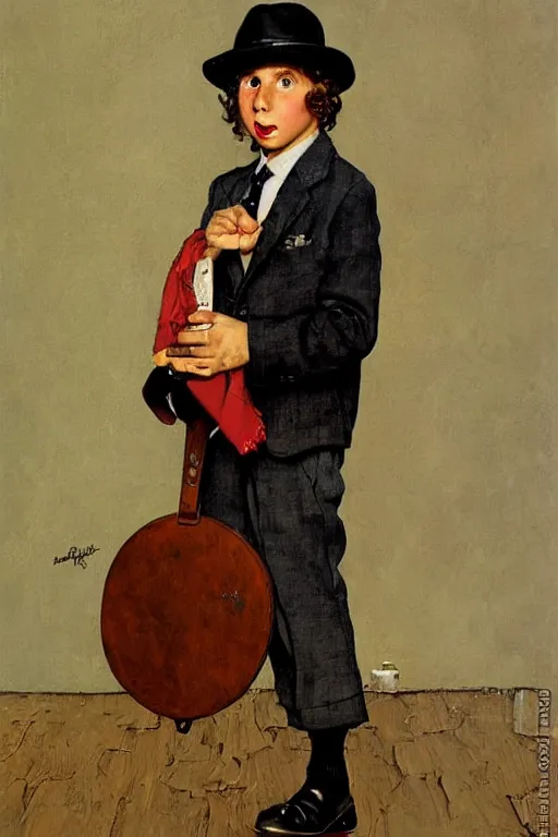 Image similar to a portrait painting of Tiny Tim. Painted by Norman Rockwell