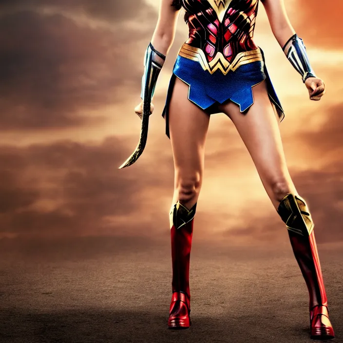 Image similar to full body photograph of elizabeth olsen as wonder woman. Extremely detailed. 8k