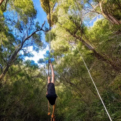 Prompt: teenager using rope swing across gully in Australian native bushland in first person perspective