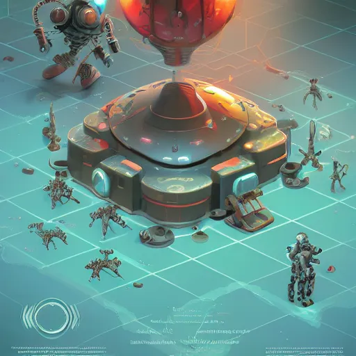 Image similar to isometric scientifically accurate microscopic robotic virus attacking organic biological cell by tyler edlin and petros afshar and christopher balaskas and marius borgeaud and kiliain eng, atomic age maximalist, art nouveau, well proportioned, highly detailed