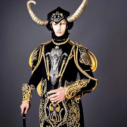 Image similar to medium face shot of adult Austin Butler dressed in futuristic-baroque black-prussian blue garb with Griffin-Ram embroidery emblem, and nanocarbon-vest and greaves, standing in an arena in Dune 2021, XF IQ4, f/1.4, ISO 200, 1/160s, 8K, face in-frame