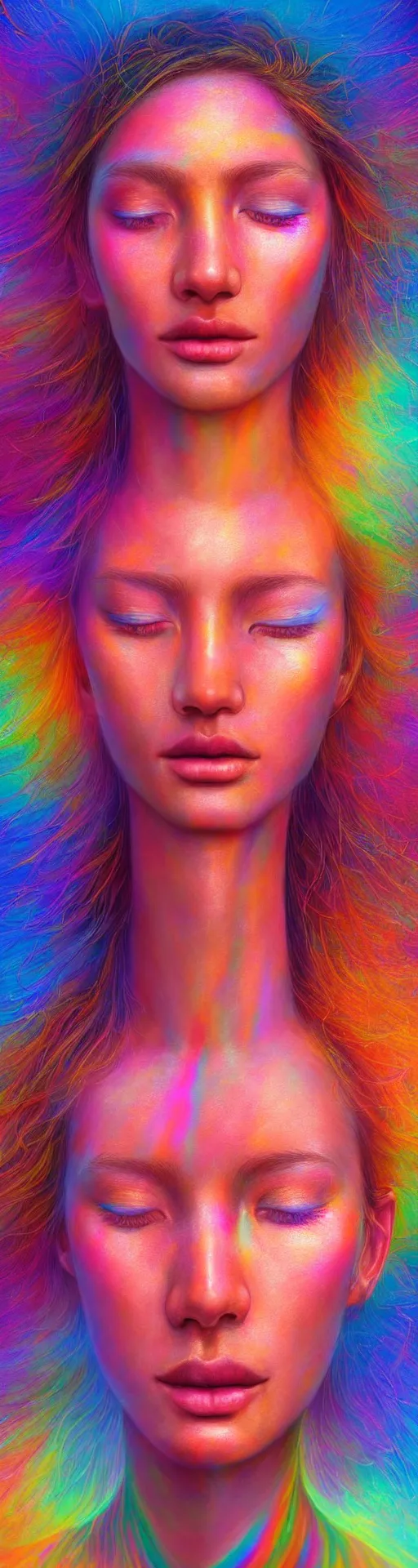 Image similar to hyperrealistic close-up psychedelic portrait of pretty girl! peaceful aura and soul of heaven highly detailed concept art eric zener elson peter, Leng Jun, DMT, epic cinematography, rainbow golden ratio, lighting high angle hd 8k sharp shallow depth of field, inspired by Zdzisław Beksiński and Pablo amaringo