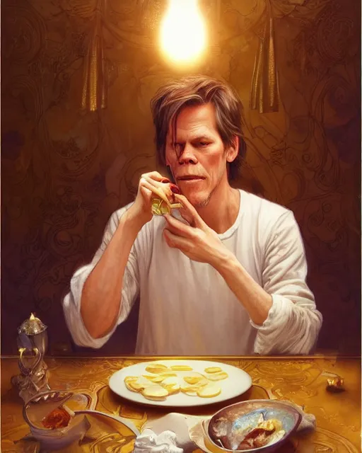 Prompt: kevin bacon eating fried eggs, highly detailed, gold filigree, romantic storybook fantasy, soft cinematic lighting, award, disney concept art watercolor illustration by mandy jurgens and alphonse mucha and alena aenami, pastel color palette, featured on artstation