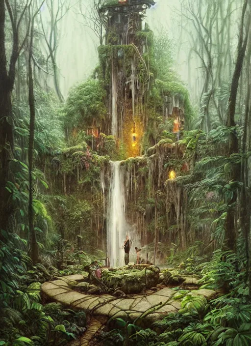 Image similar to a hyper realistic architectural witch shrine under a waterfall in the woods, gorgeous lighting, lush forest foliage, painting by chiara bautista and tom bagshaw, muca beksinski and norman rockwell and greg rutkowski weta studio, and lucasfilm