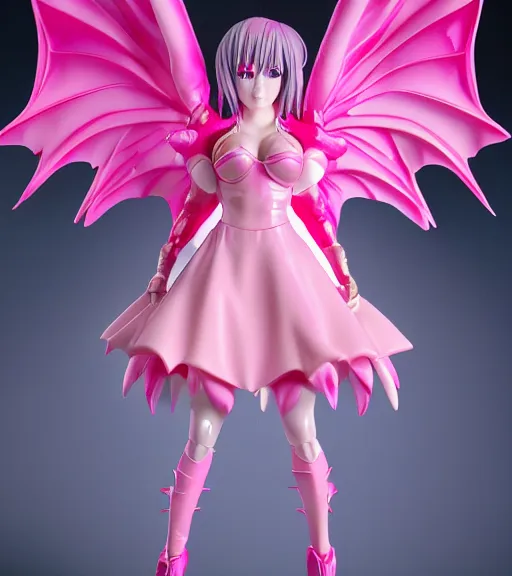 Prompt: accurate detailed pvc anime dragon girl with pink scales, wearing a pink dress, giant wings, figurine!!!, studio lighting, grey background, no shadow, trending on artstation, 4 k, sharp, highly - detailed, focus on face!!!