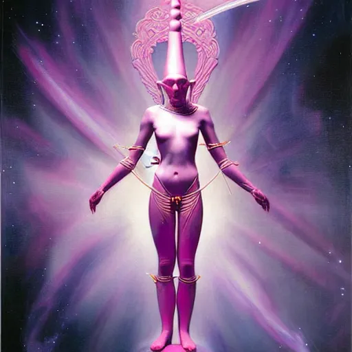 Prompt: unique epic pink space elf knight adventurer, monumental painting by gerrit van honthorst and hajime sorayama and devis stuart, illusion surreal art, highly conceptual figurative art, intricate detailed oil illustration, controversial poster art, polish poster art 1 9 8 0