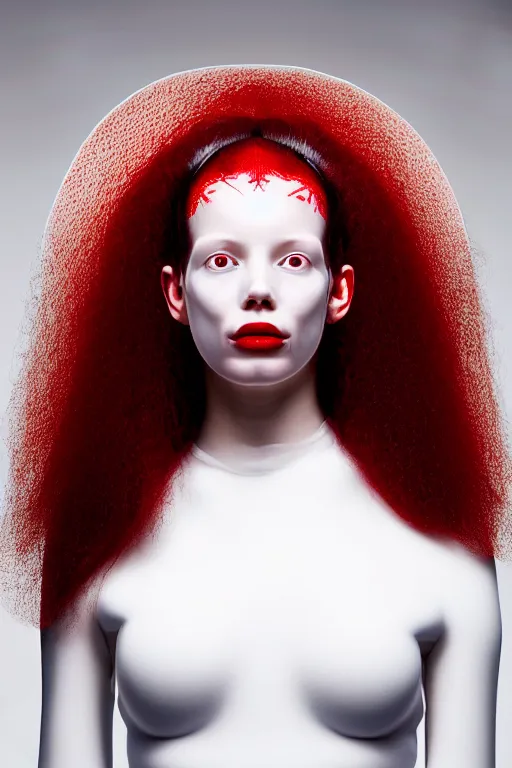 Image similar to symmetrical portrait of a woman wearing a red embroidered translucent silicone mask and black frizzy hair buns, wearing a white bodysuit by alexander mcqueen, white background, soft diffused light, biotechnology, futuristic aesthetic, translucent, ethereal, intricate details, highly detailed, masterpiece,