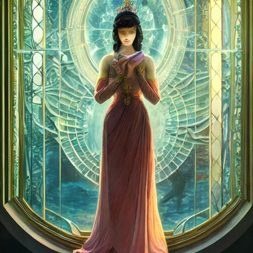 Image similar to a princess full body portrait, fine kindness delicate prefect face, in the flower room, light beam shines through the window, elegant, smooth, sharp focus, atmospheric lighting, masterpiece, style of tom bagshaw, raphael lacoste, peter mohrbacher, louis comfort tiffany, victo ngai, james jean, 4 k hd hyperdetailed illustration wallpaper, chinese style