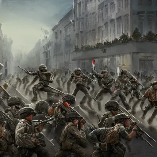 Prompt: Soldiers storming the capital, highly detailed, photorealistic, 4K