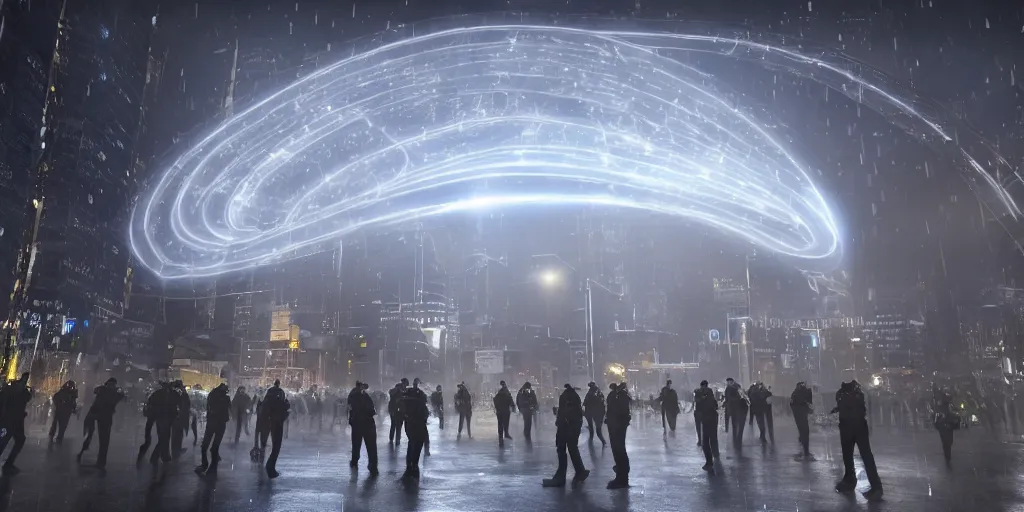 Image similar to policemen protecting a huge spiral - shaped bright white luminous attractor right in the center of the city from protesting people,, rain and light fog, professional lighting, concept art in 3 d, high detail, professional lighting, unreal engine