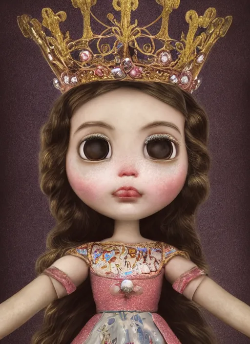 Prompt: closeup portrait of tin toy fairytale princess wearing a crown, depth of field, zeiss lens, detailed, symmetrical, centered, fashion photoshoot, by nicoletta ceccoli, mark ryden, lostfish, breathtaking, 8 k resolution, extremely detailed, beautiful, establishing shot, artistic, hyperrealistic, octane render