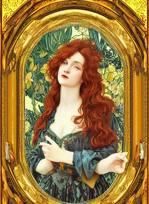 Image similar to masterpiece beautiful seductive flowing curves pinup pose preraphaelite portrait photography, extreme closeup face shot, straight bangs, thick set features, yellow ochre ornate medieval dress, amongst foliage mushroom forest arch, circle, william morris and kilian eng and mucha, framed, 4 k
