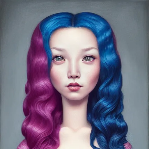 Image similar to a portrait of a beautiful woman with pink hair by mark ryden insanely quality, elegant, highly detailed, digital painting, artstation,, concept art, pop, smooth, sharp focus, illustration, art by mark ryden and 3 d 8 k ultra detailed