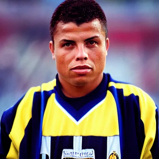 Prompt: real ronaldo nazario head and shoulders portrait by steve mccurry, year 2 0 0 0