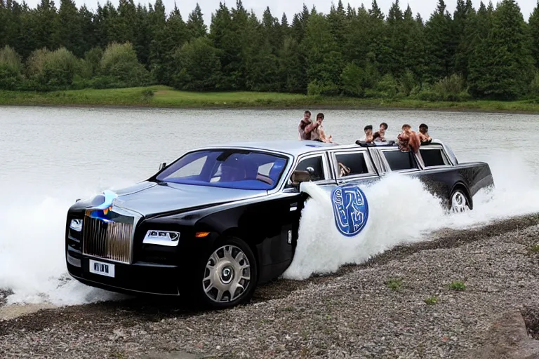 Image similar to Group of teenagers push Rolls-Royce into lake from small slide