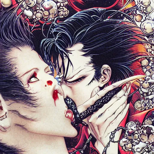 Prompt: closeup of vampire kiss, melting, by yoichi hatakenaka, masamune shirow, josan gonzales and dan mumford, ayami kojima, takato yamamoto, karol bak