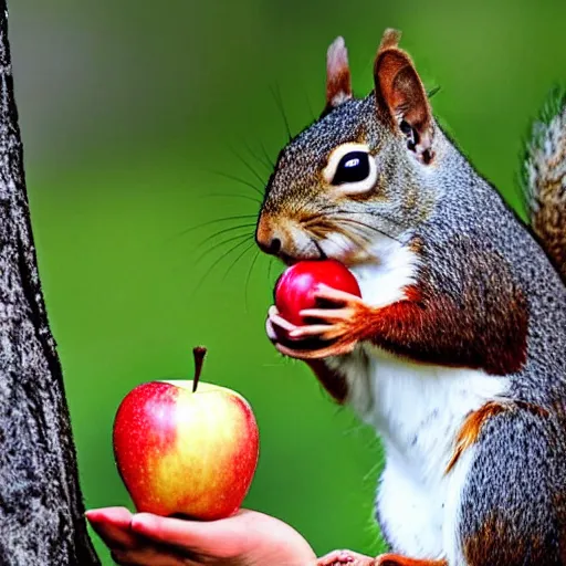 Image similar to A squirrel gives an apple to a bird