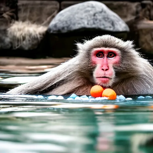 Prompt: a Japanese macaque in a snowy hot spring, oranges floating in the water, early morning