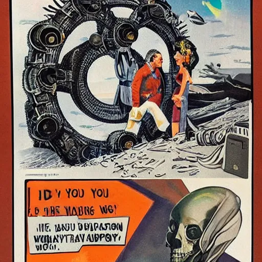 Image similar to i wouldn't marry you if you were the last man on earth!, apocalypse wedding, crying sad miserable unhappy bride, laughing groom, doomsday, radiation, nuclear holocaust by hr giger and chesley bonestell