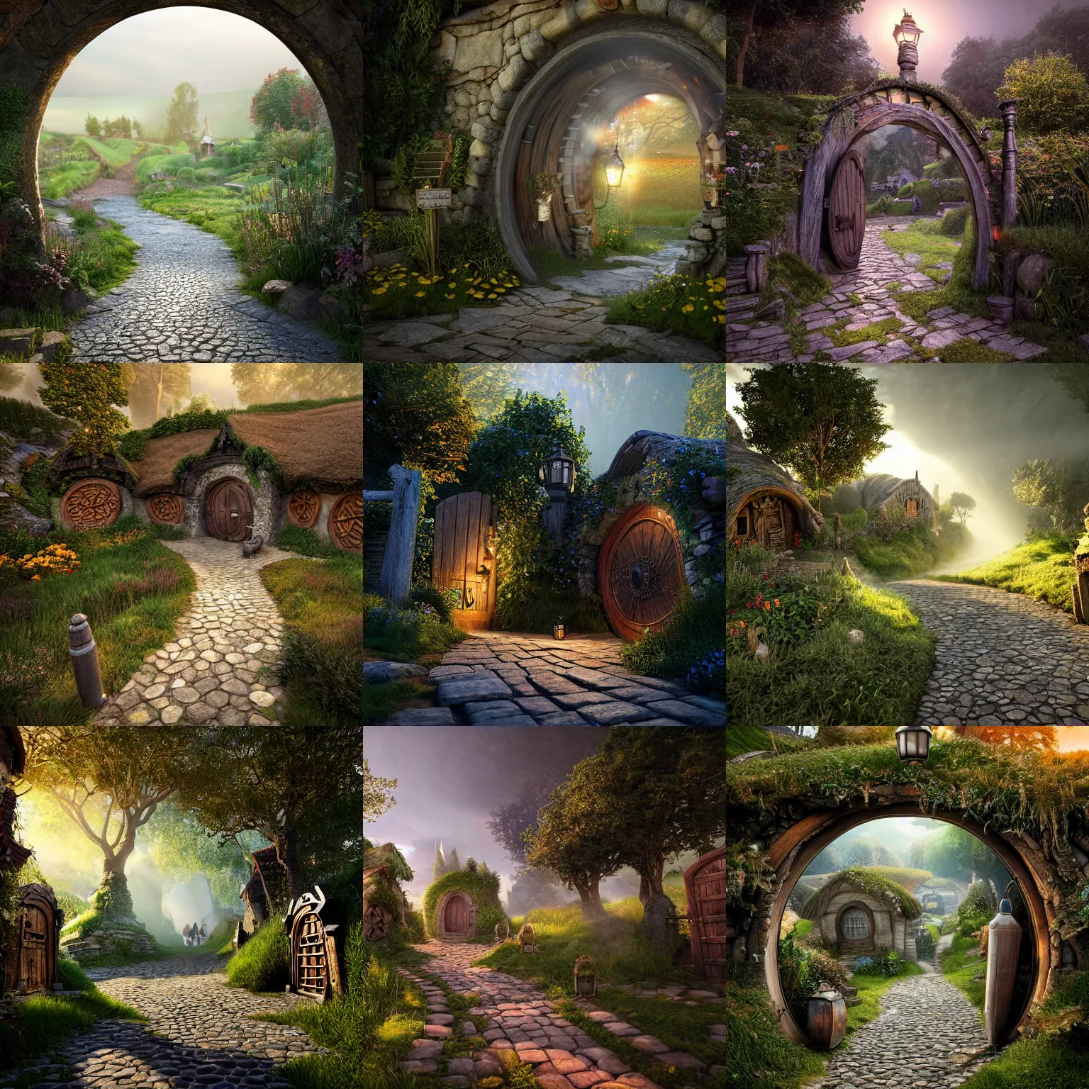 Prompt: cobblestone path leading to the wooden gates to the shire inside a glass jar, hobbiton, intricate detail, volumetric lighting, epic composition, hyper detailed, ultra realistic, sharp focus, octane render, volumetric, ray tracing, sense of awe, swirling mist, 4 k