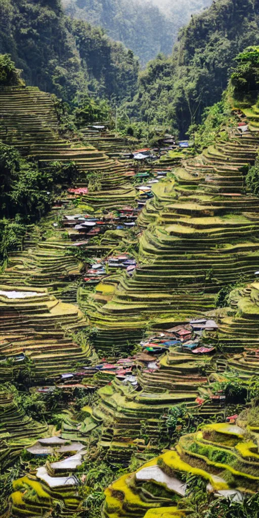 Prompt: Beautiful old city of Banaue Rice Terraces, Ifugao, Philippines, magical summer, trending on artstation, 50mm, by Noah Bradley