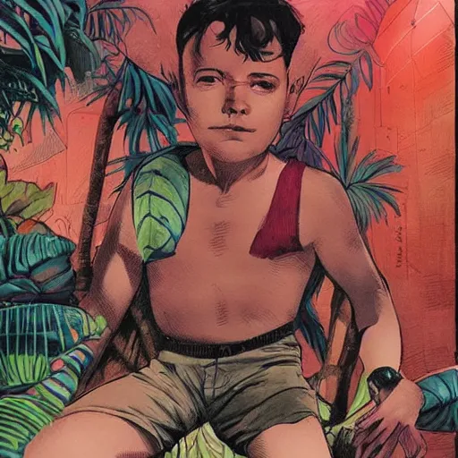 Image similar to Sergio Bleda and Jérémy Petiqueux and Alex Maleev artwork of a boy super scientist in a retro jungle space costume