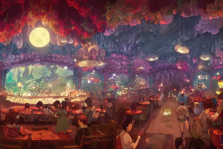 Image similar to interior wide angle shot of a fantasy cabaret in the style of studio ghibli, makoto shinkai