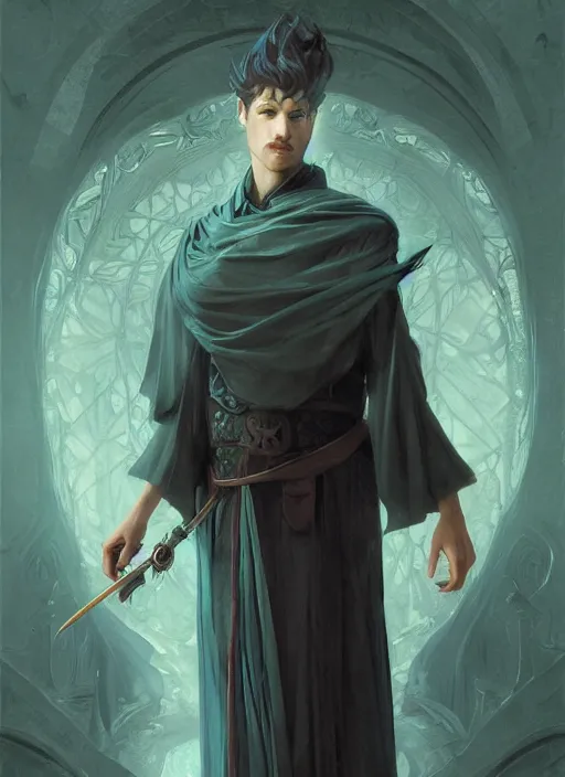 Image similar to character concept portrait of an attractive young focused Spanish wizard with pale teal skin enchanting a drowning spell, a floating iridescent spell book in the center, intricate, elegant, digital painting, concept art, smooth, sharp focus, illustration, from Metal Gear, by Ruan Jia and Mandy Jurgens and William-Adolphe Bouguereau, Artgerm